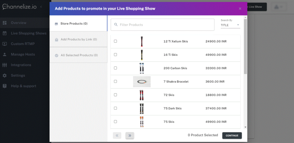 Choosing products via Channelize.io Live Shopping Dashboard