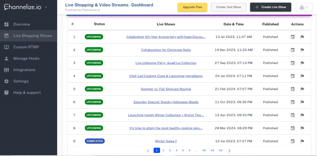 Managing shows via Channelize.io Production Dashboard